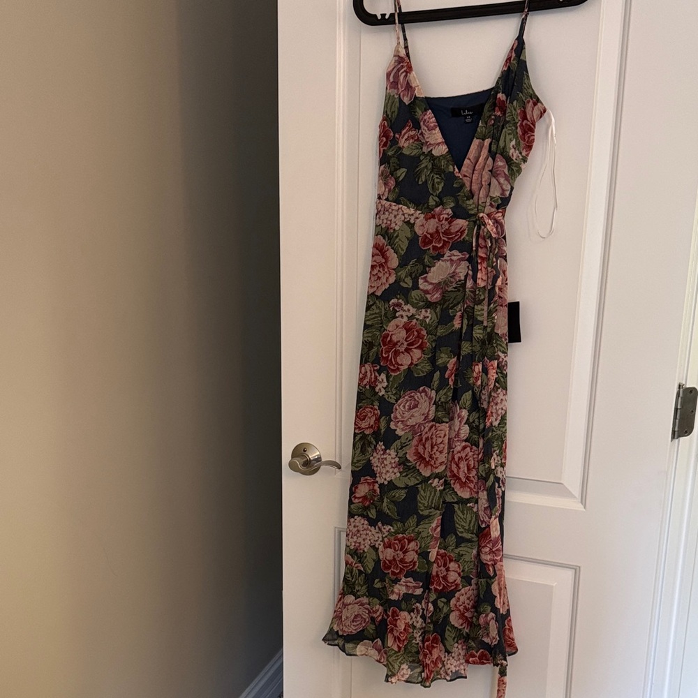 Lulu's Navy Floral Wrap Midi Dress with Pink Roses